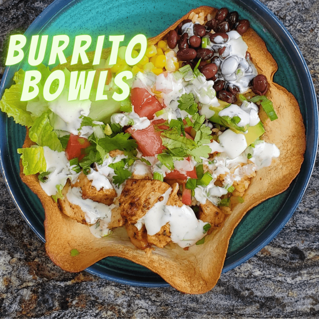 Burrito bowl, taco shell, mexican, chicken, ranch dressing