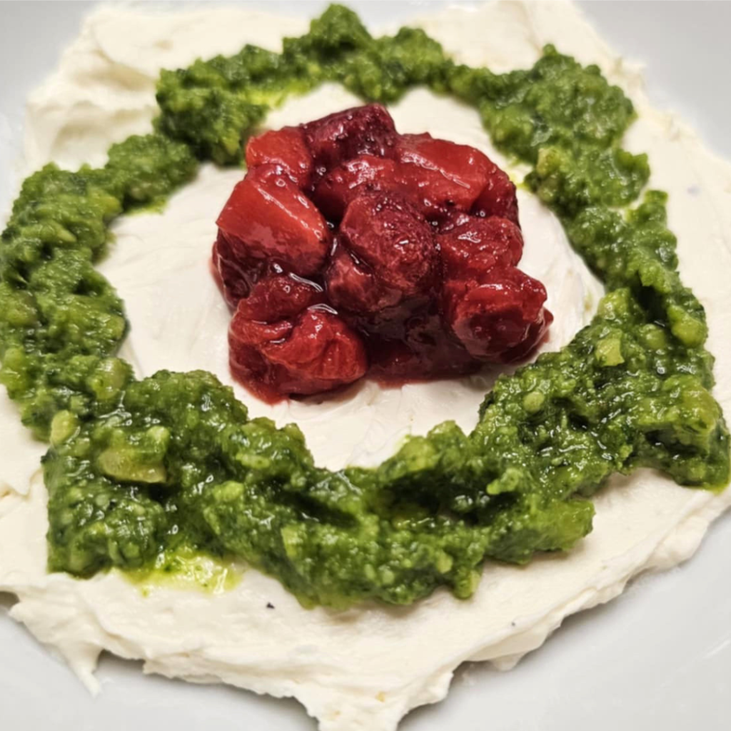 stewed strawberries-pesto-whipped goat cheese